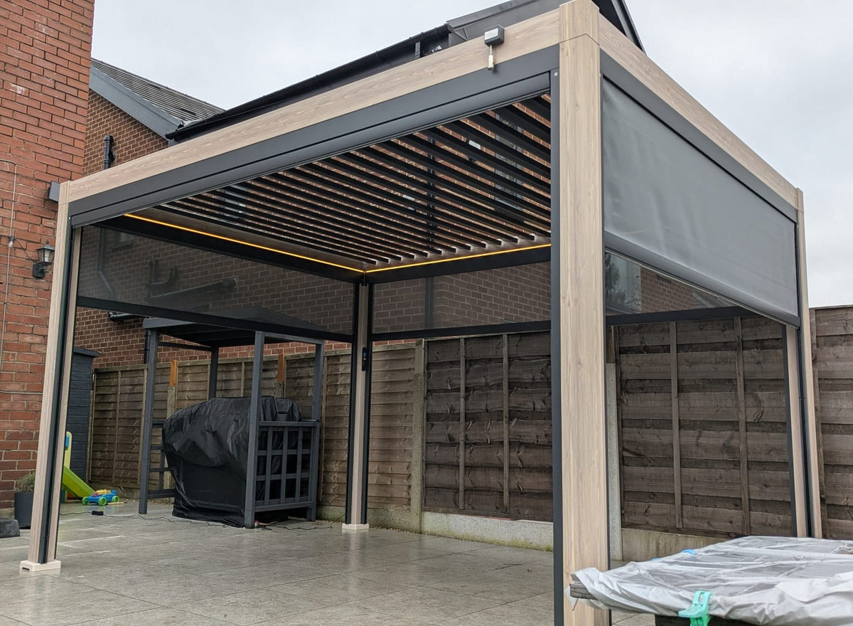 LuxShade™ 3×4m Wood Grain Aluminium Pergola with LEDs, Double-Layered Louvres