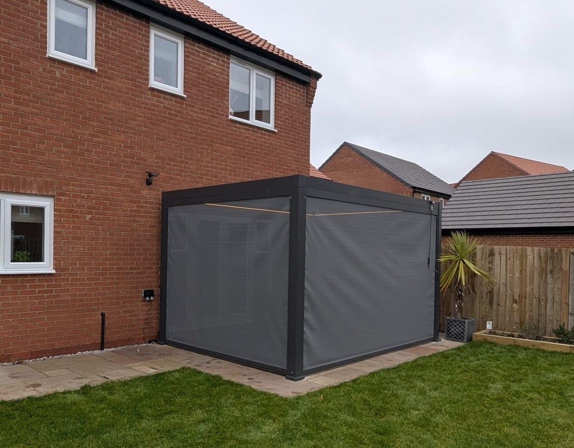 LuxShade™ 3×4m Aluminium Pergola with LEDs, Double-Layered Louvred Roof & 3 Blinds