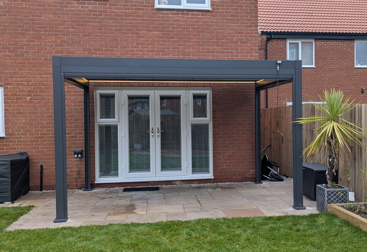 LuxShade™ 3×4m Aluminium Pergola with LEDs, Double-Layered Louvred Roof