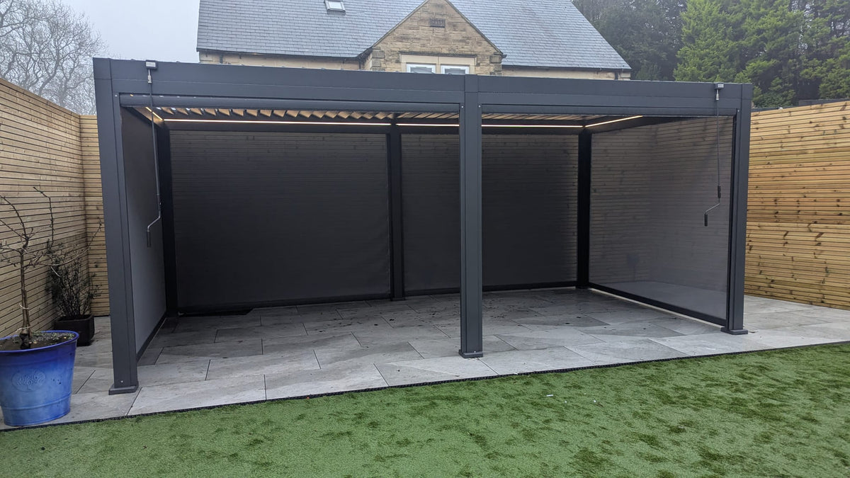 LuxShade™ 3×6m Aluminium Pergola with LEDs, Double-Layered Louvred Roof & Blinds