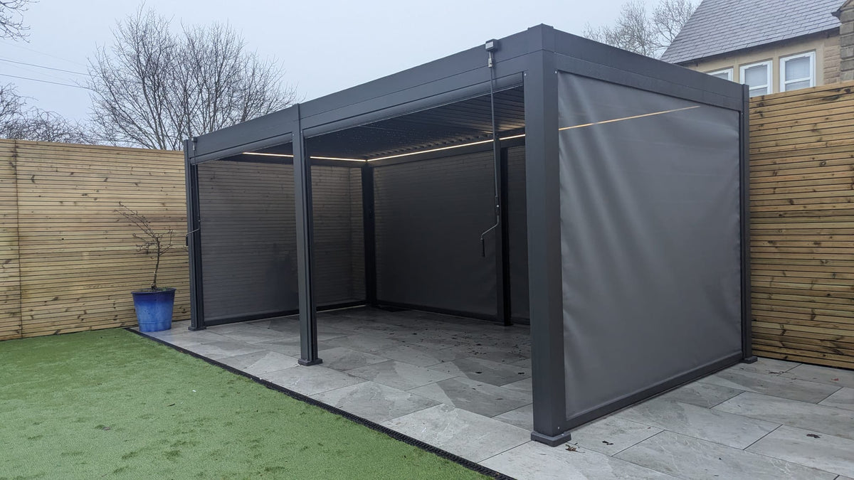 LuxShade™ 3×6m Aluminium Pergola with LEDs, Double-Layered Louvred Roof & Blinds