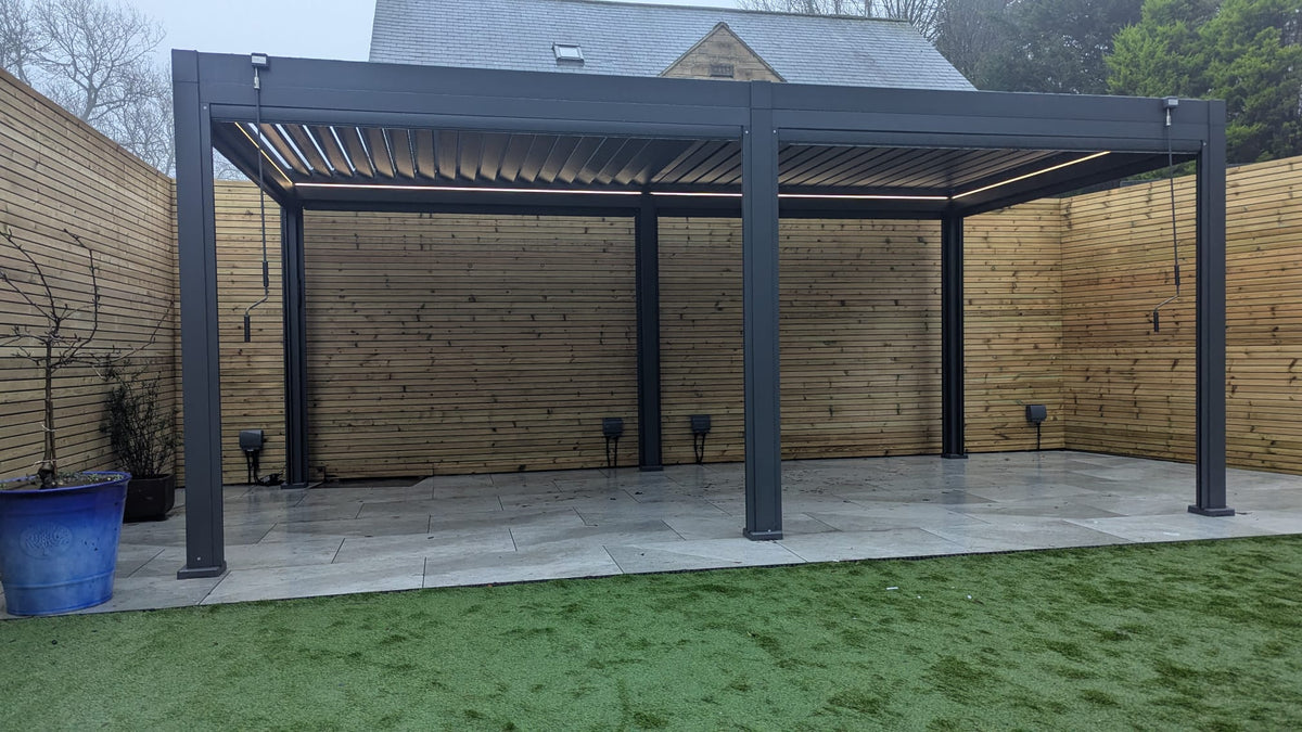 LuxShade™ 3×6m Aluminium Pergola with LEDs, Double-Layered Louvred Roof