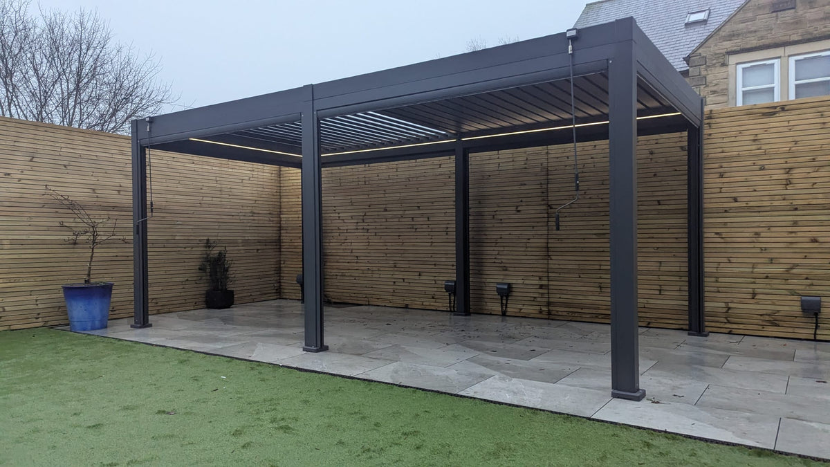 LuxShade™ 3×6m Aluminium Pergola with LEDs, Double-Layered Louvred Roof
