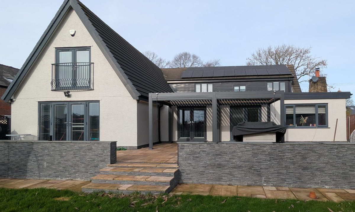 LuxShade™ 3×6m Aluminium Pergola with LEDs, Double-Layered Louvred Roof & Blinds