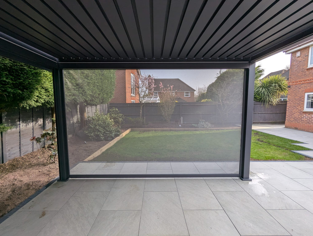 LuxShade™ 4×4m Aluminium Pergola with LEDs, Double-Layered Louvred Roof & 3 Blinds