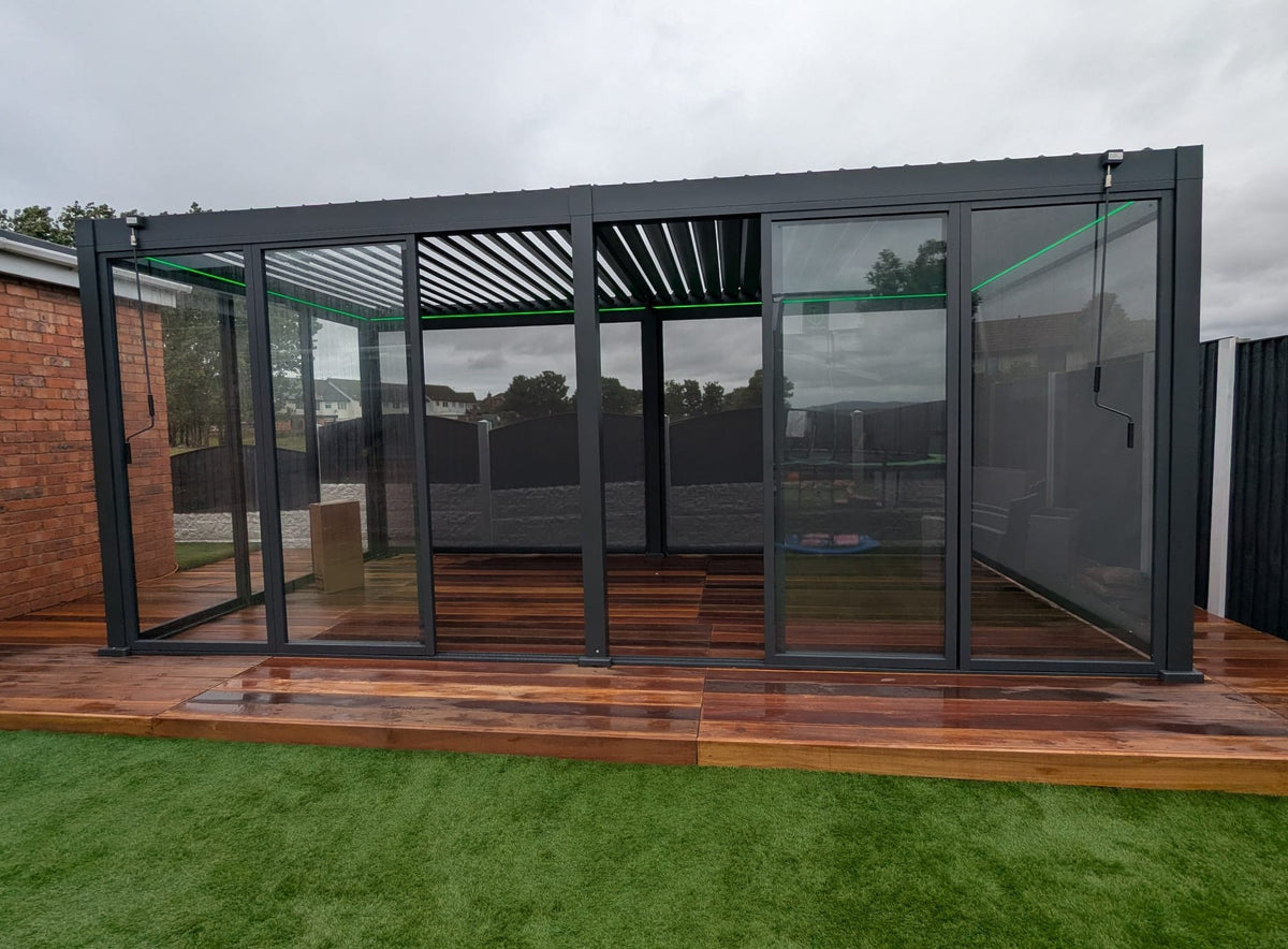 LuxShade™ 3×6m Aluminium Pergola with LEDs, Double-Layered Louvred Roof & Blinds