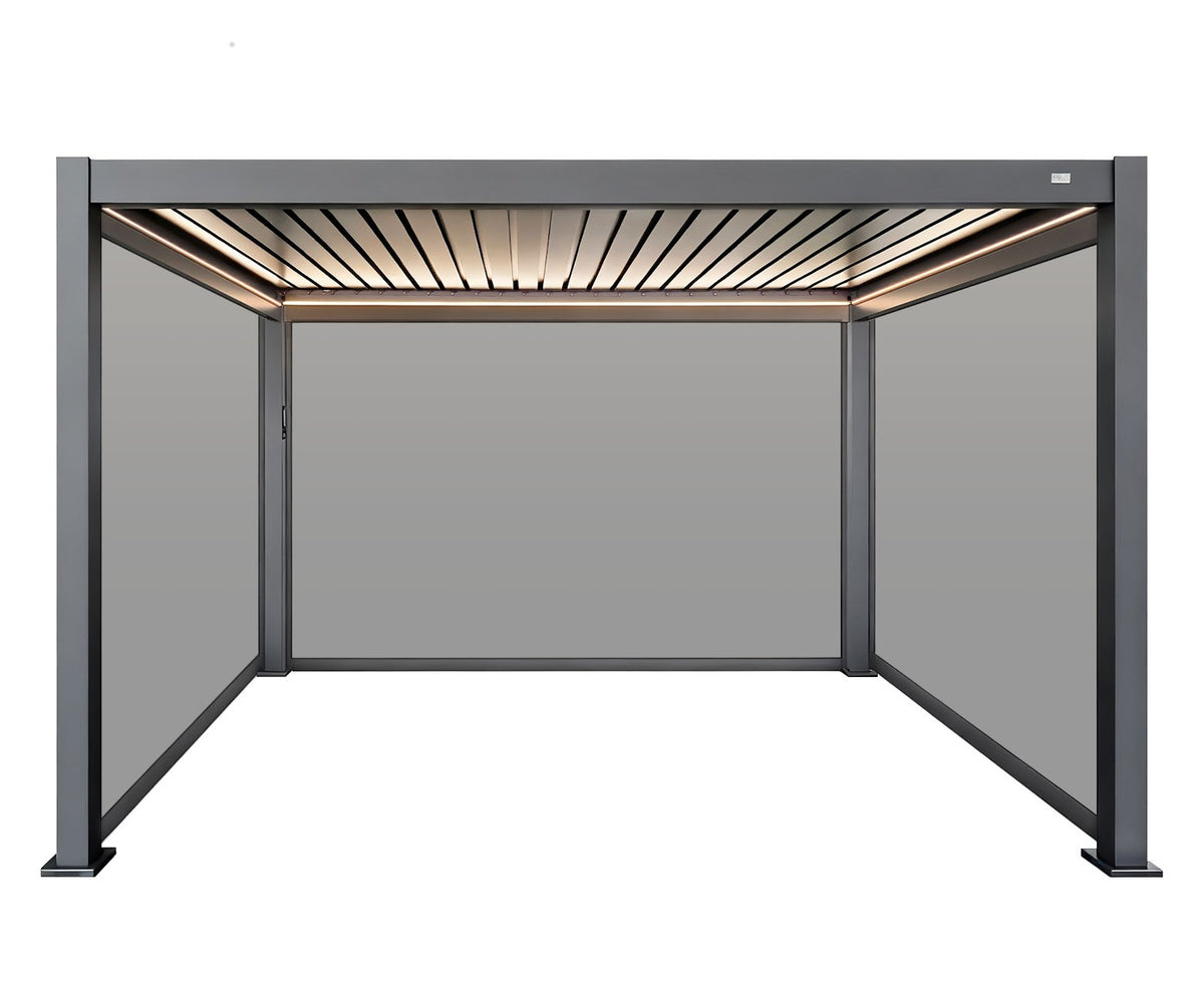 MotaShade™ 3×4m Motorised Aluminium Pergola – Double‑Layer Louvers, LEDs &amp; 3 Zip Blinds
