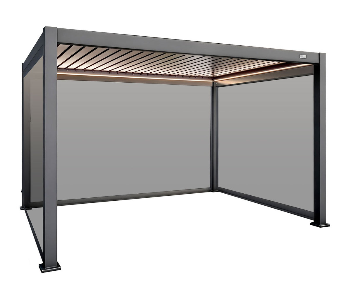 MotaShade™ 3×4m Motorised Aluminium Pergola – Double‑Layer Louvers, LEDs &amp; 3 Zip Blinds