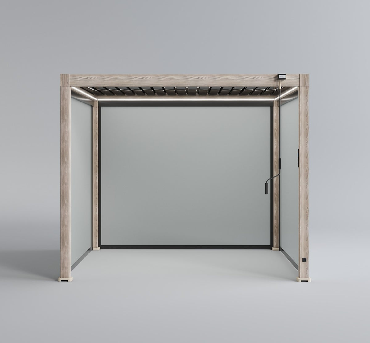 LuxShade™ 3×3m Wood Grain Aluminium Pergola with LEDs, Double-Layered Louvres & 3 Blinds