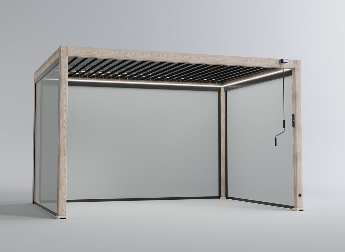 LuxShade™ 3×4m Wood Grain Aluminium Pergola with LEDs, Double-Layered Louvres & 3 Blinds