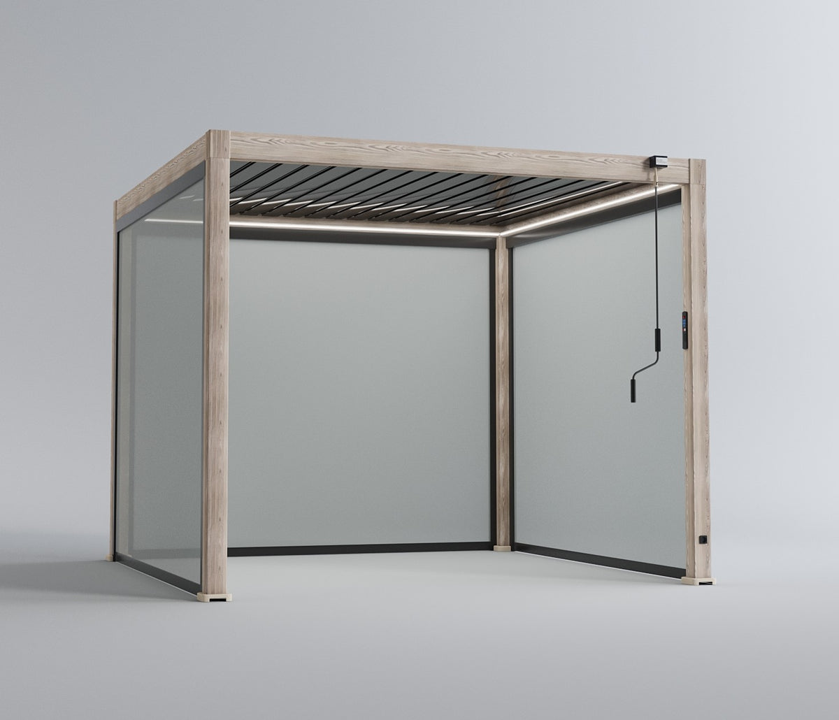 LuxShade™ 3×3m Wood Grain Aluminium Pergola with LEDs, Double-Layered Louvres & 3 Blinds