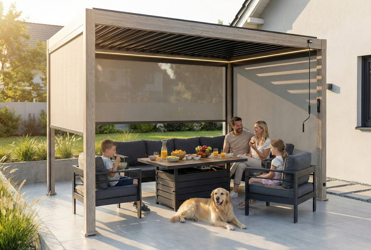 LuxShade™ 3×4m Wood Grain Aluminium Pergola with LEDs, Double-Layered Louvres & 3 Blinds