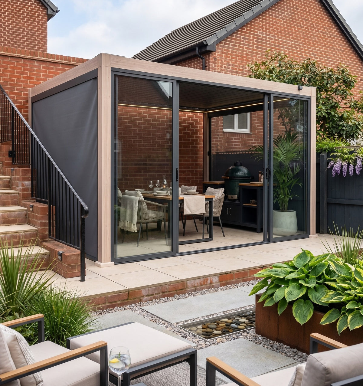 LuxShade™ 3×4m Oak Effect Aluminium Pergola with LEDs, Double-Layered Louvres
