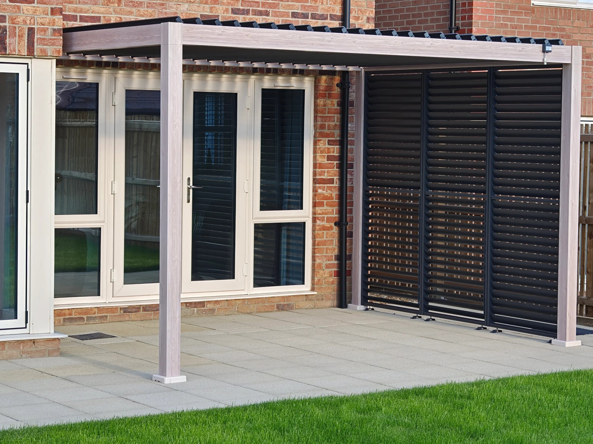 LuxShade™ 3×4m Oak Effect Aluminium Pergola with LEDs, Double-Layered Louvres