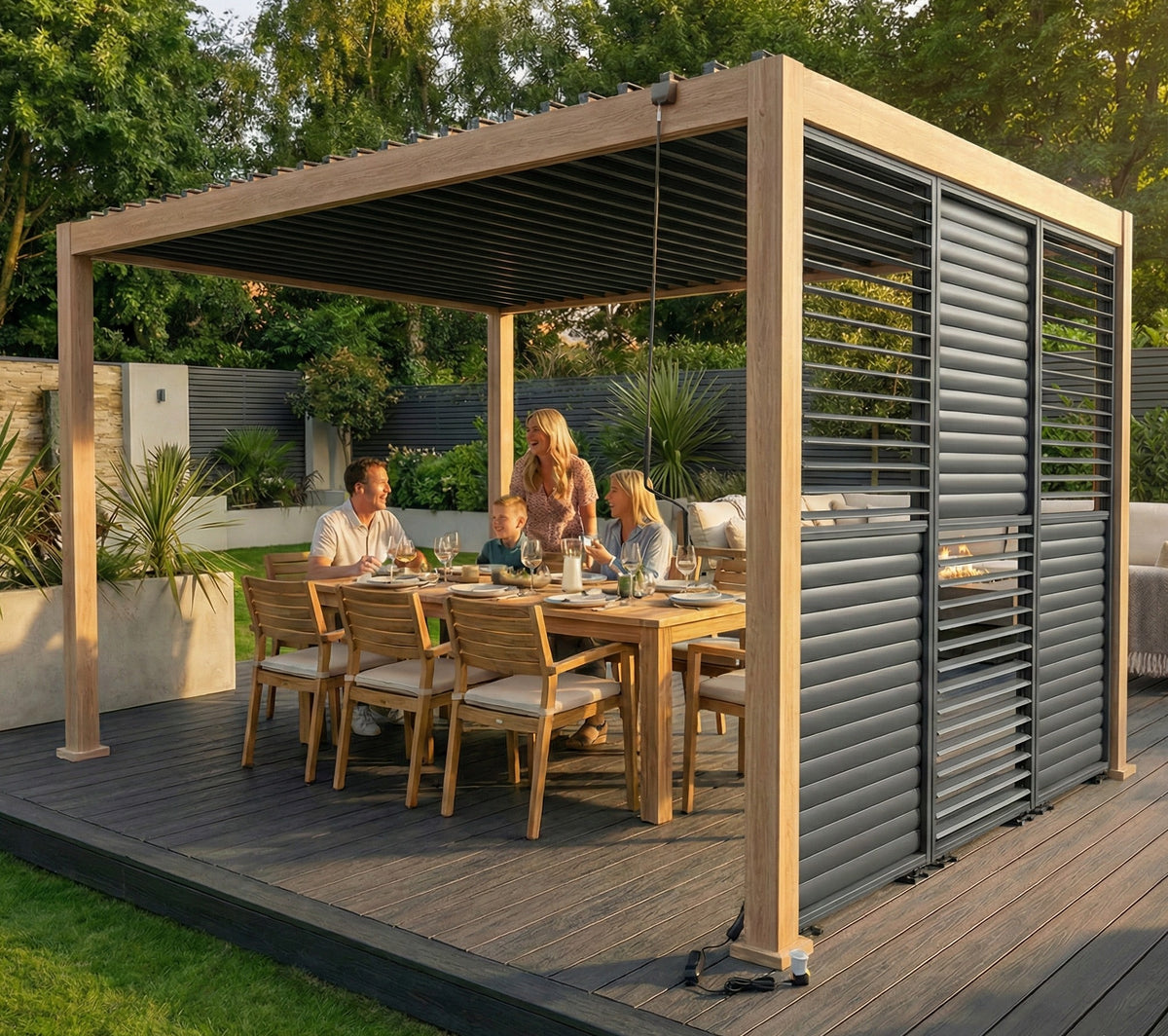 LuxShade™ 3×4m Wood Grain Aluminium Pergola with LEDs, Double-Layered Louvres