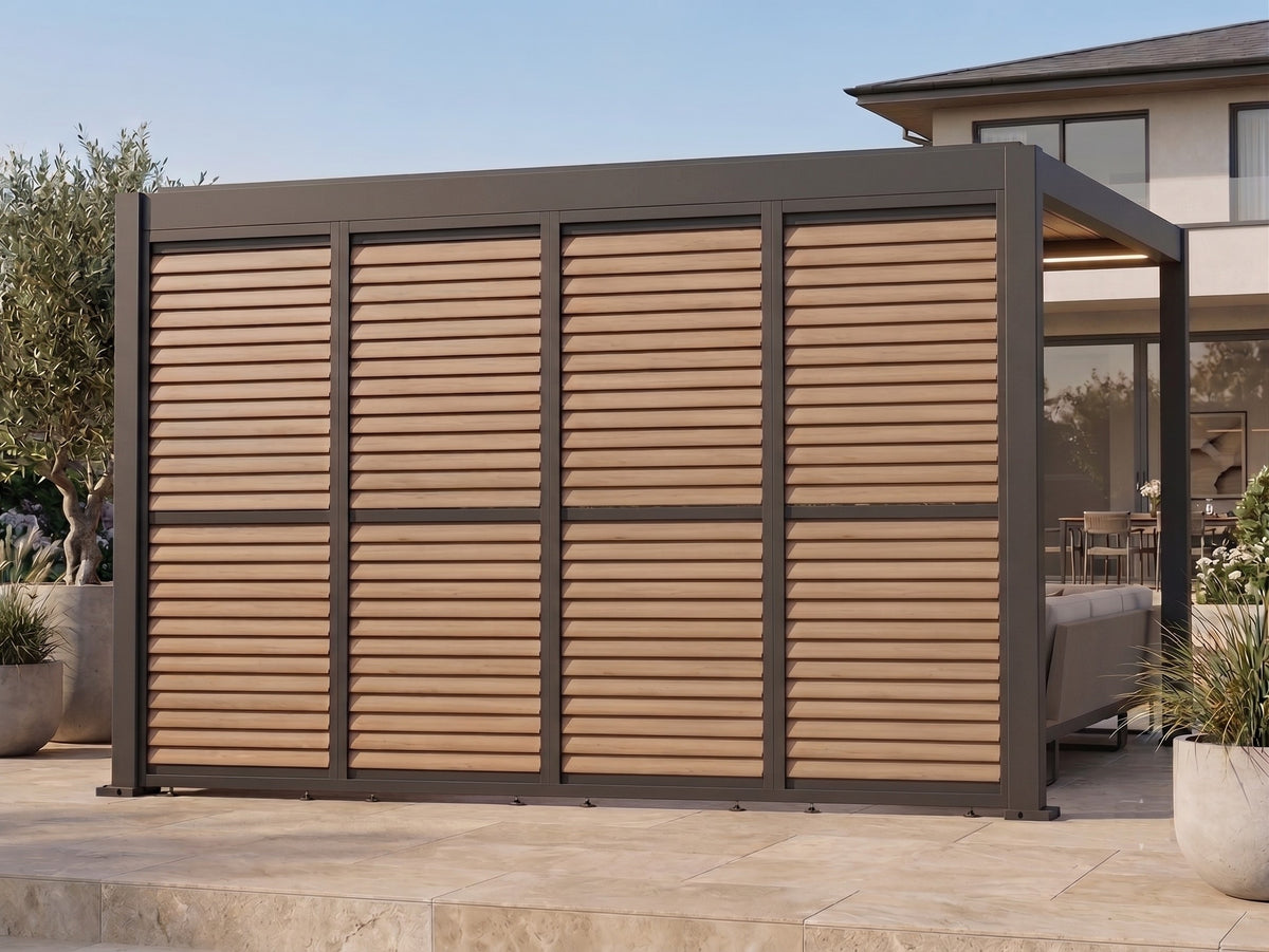 4M Louvre Side Wall 4 Panel Set in Wood Effect | MotaShade™ & LuxShade™ 4x4M Compatible