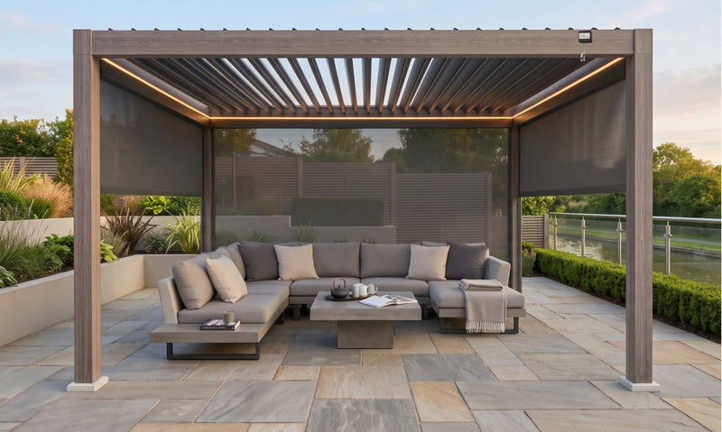 LuxShade™ 3×4m Aluminium Pergola – LEDs, Double-Layer Louvres & 3 Windscreens - Light Oak