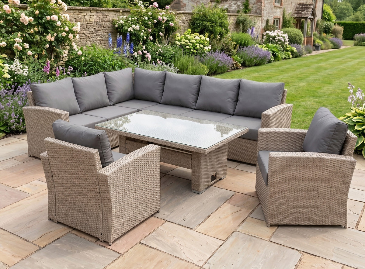 Zante Left Hand Rattan Corner Sofa Set with Adjustable Rising Table