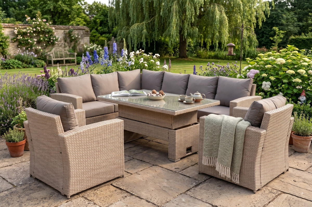 Zante Left Hand Rattan Corner Sofa Set with Adjustable Rising Table