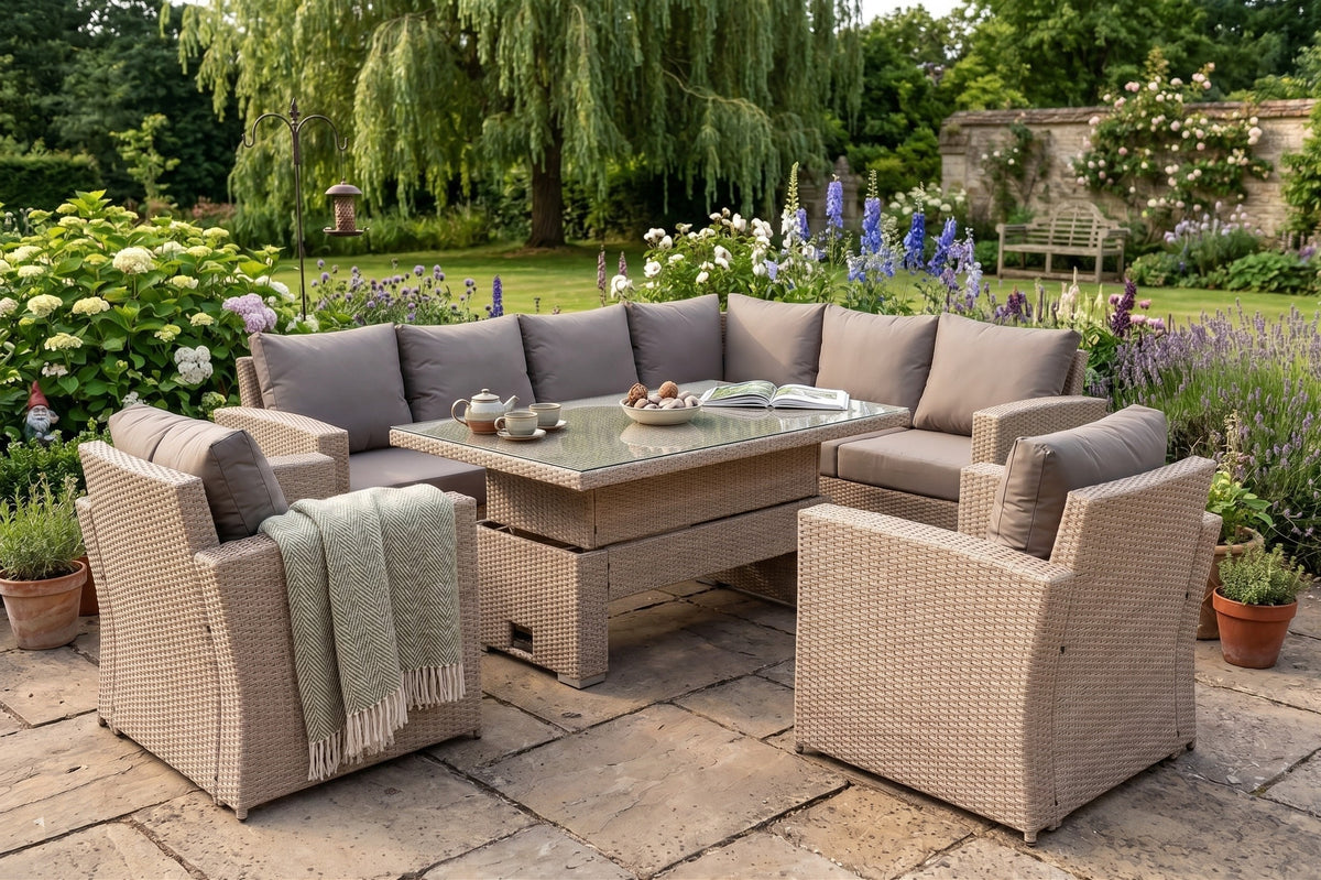 Zante Right Hand Rattan Corner Sofa Set with Adjustable Rising Table
