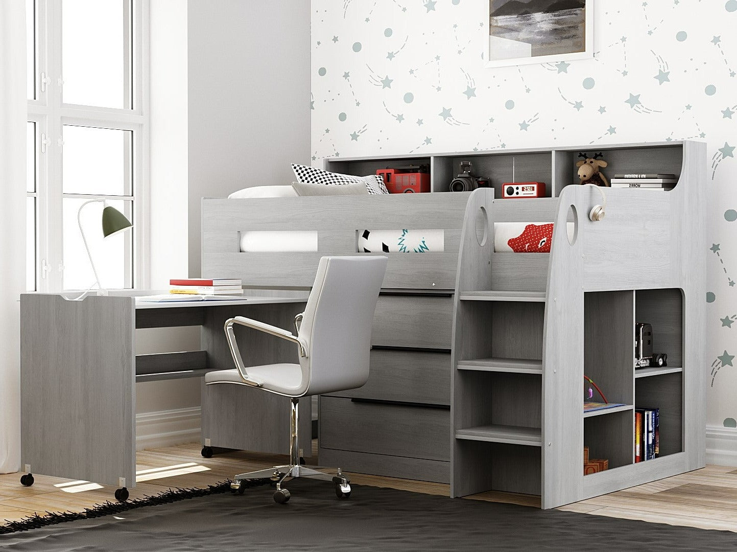 Zion Grey Mid Sleeper Cabin Bed with Drawers, Shelves & Pull Out Desk - 3ft Single Casa Maria Designs 