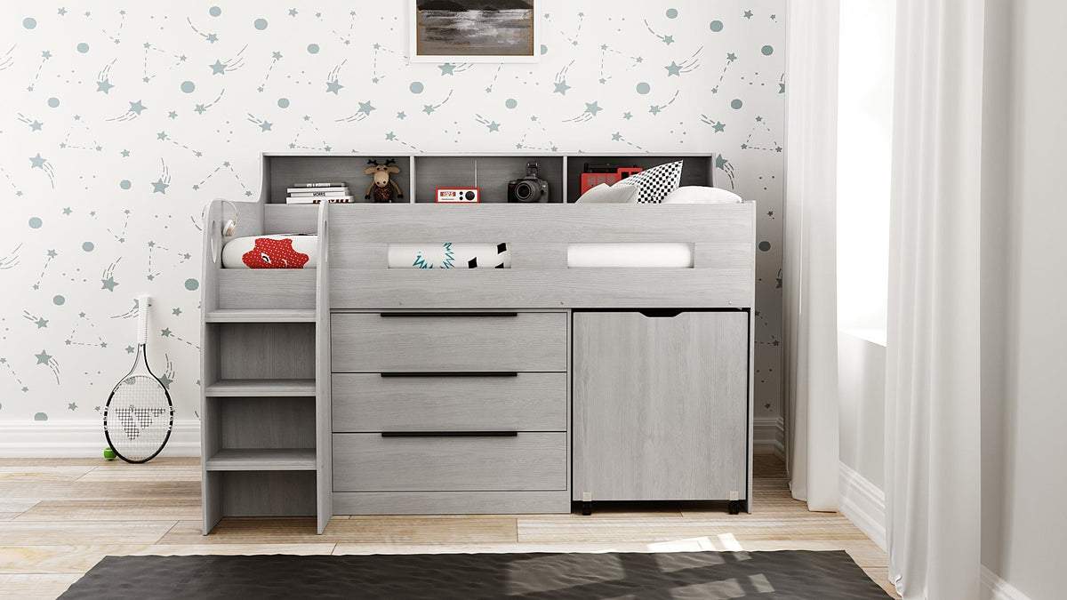 Zion Grey Mid Sleeper Cabin Bed with Drawers, Shelves &amp; Pull Out Desk - 3ft Single Casa Maria Designs 