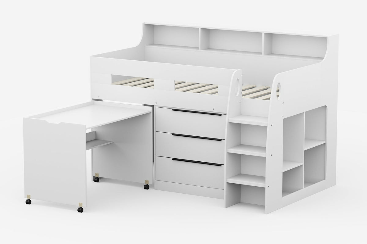 Zion White Mid Sleeper Cabin Bed with Drawers, Shelves &amp; Pull Out Desk - 3ft Single Casa Maria Designs 