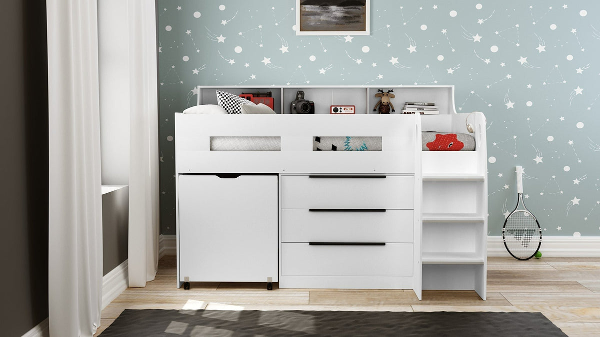Zion White Mid Sleeper Cabin Bed with Drawers, Shelves &amp; Pull Out Desk - 3ft Single Casa Maria Designs 