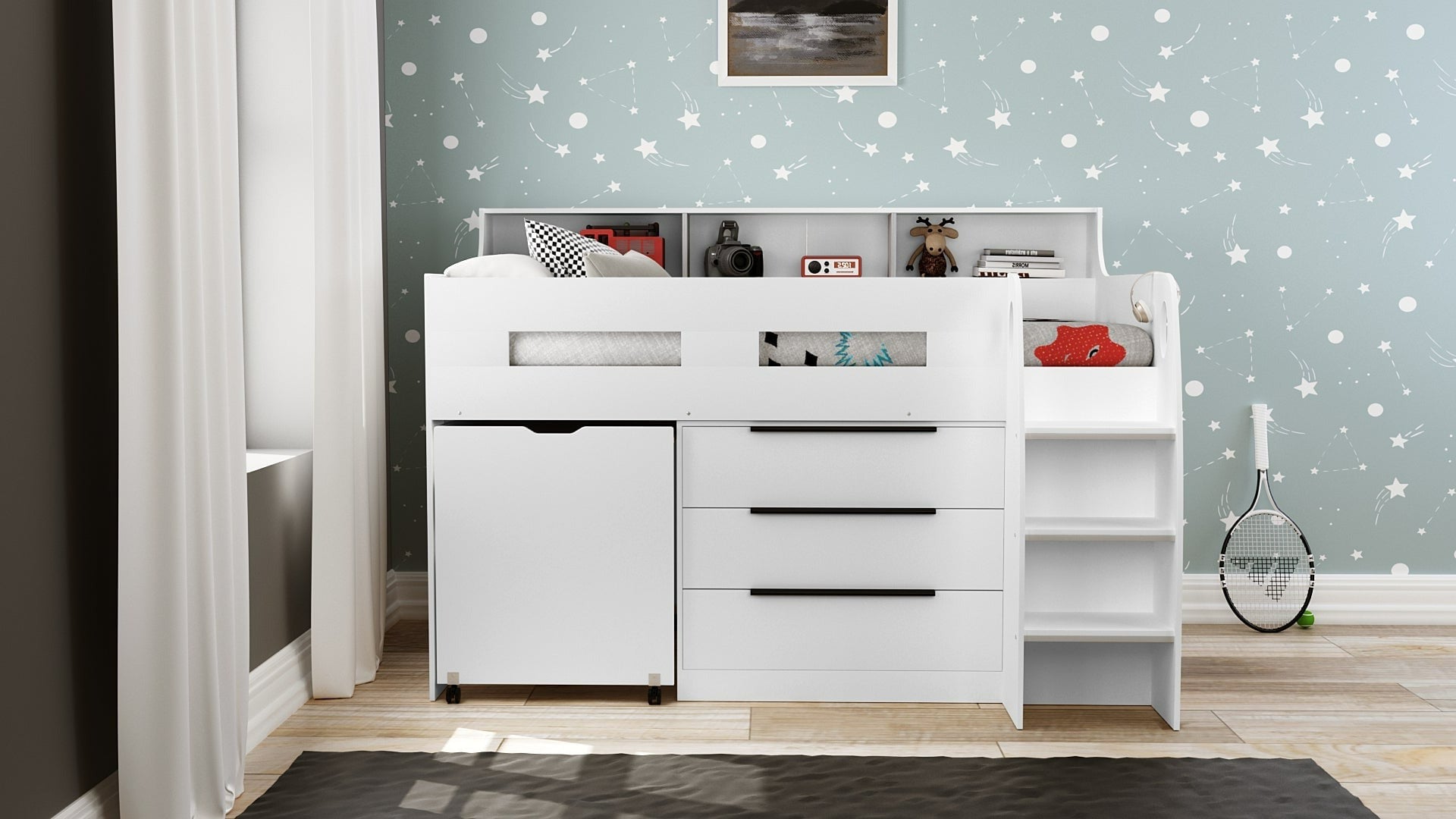 Zion White Mid Sleeper Cabin Bed with Drawers, Shelves & Pull Out Desk - 3ft Single Casa Maria Designs 