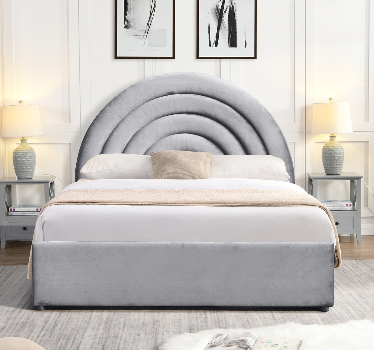Emma Ottoman Storage Bed - Light Grey Plush Velvet - Size: 4ft 6&quot; Double