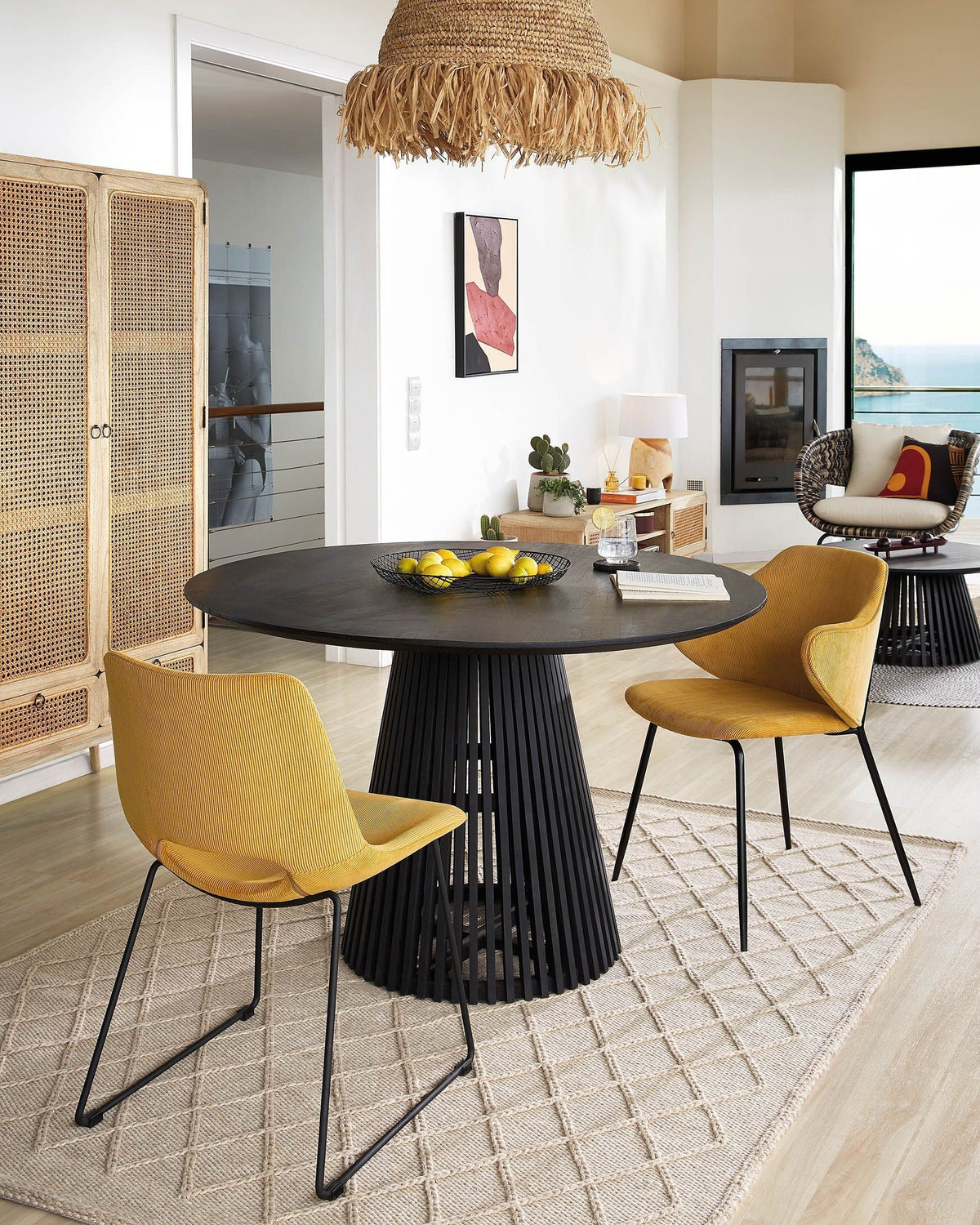 Round Solid Acacia Wood Dining Table in Black | Flute Design Base - 120cms Casa Maria Designs 