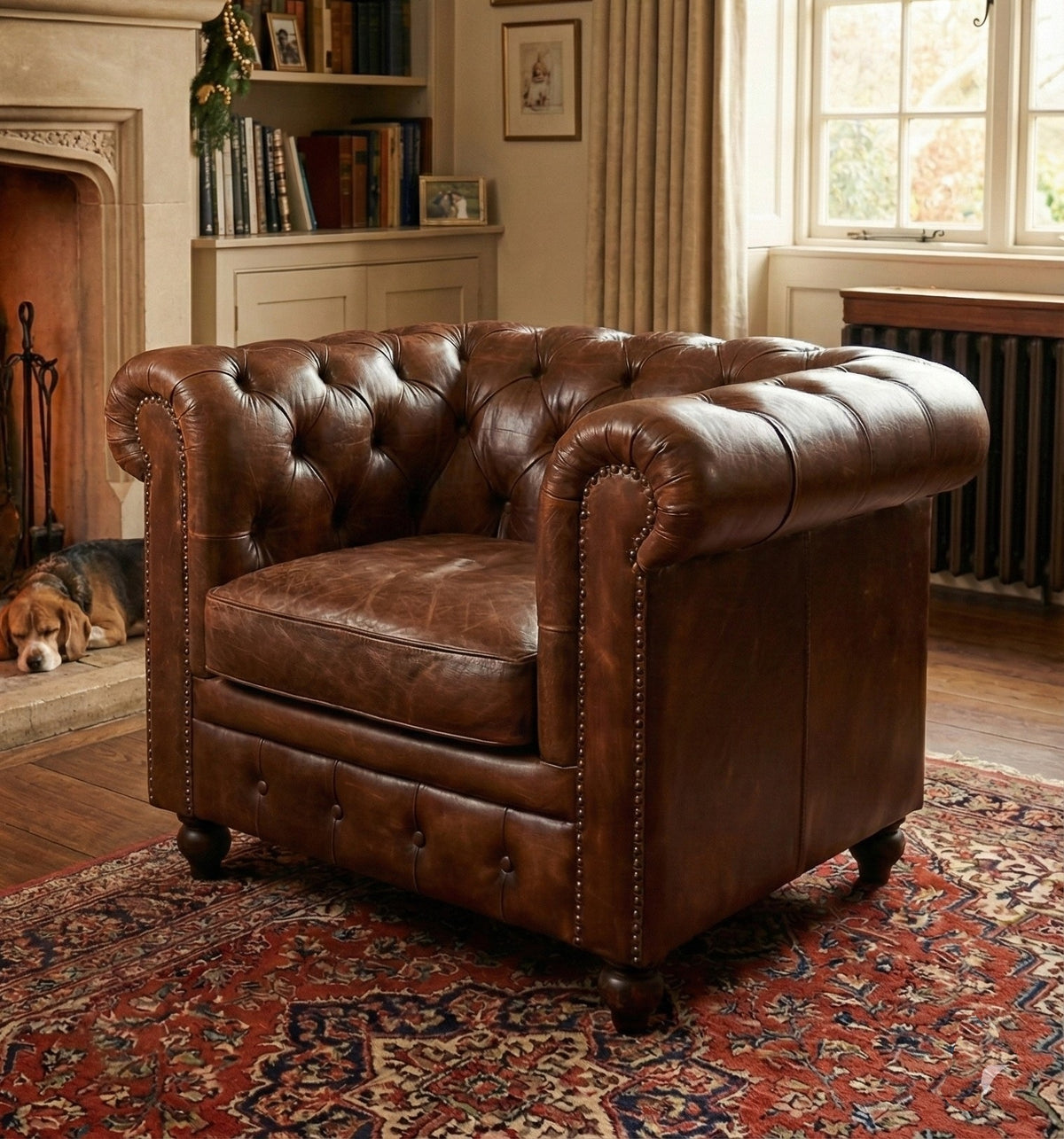 Louis Genuine Leather Chesterfield Armchair – Classic Brown (Tufted Back)