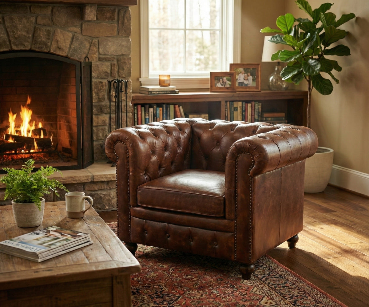 Louis Genuine Leather Chesterfield Armchair – Classic Brown (Tufted Back)