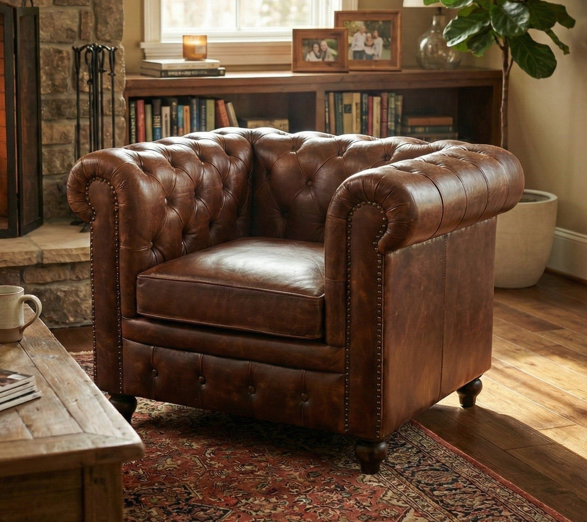 Louis Genuine Leather Chesterfield Armchair – Classic Brown (Tufted Back)