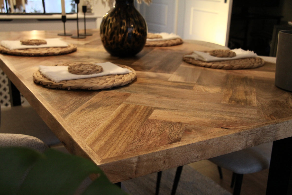 Rectangle Solid Mango Wood Dining Table | Herringbone Design - 160cms
