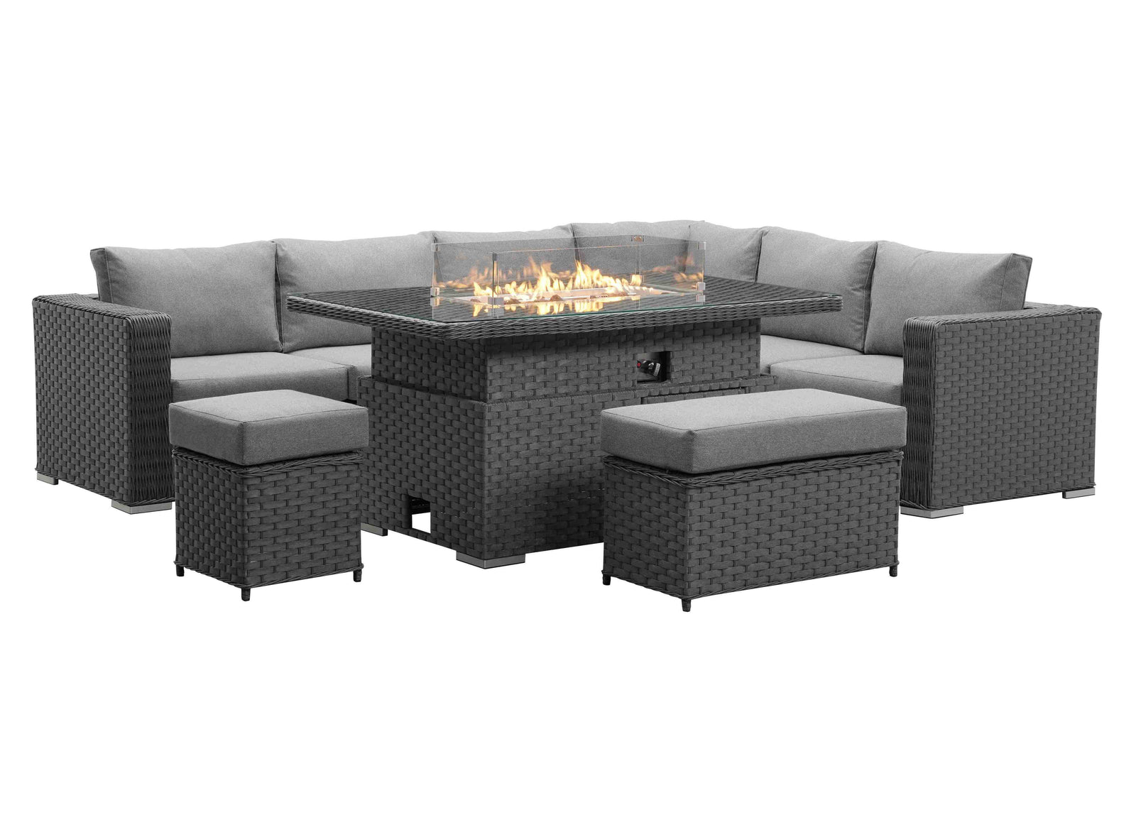 Apollo Luxury Rattan Right Hand Corner Sofa Stool Bench and Rising Fire Pit Table - Grey Rattan Furniture MaxiFurn 
