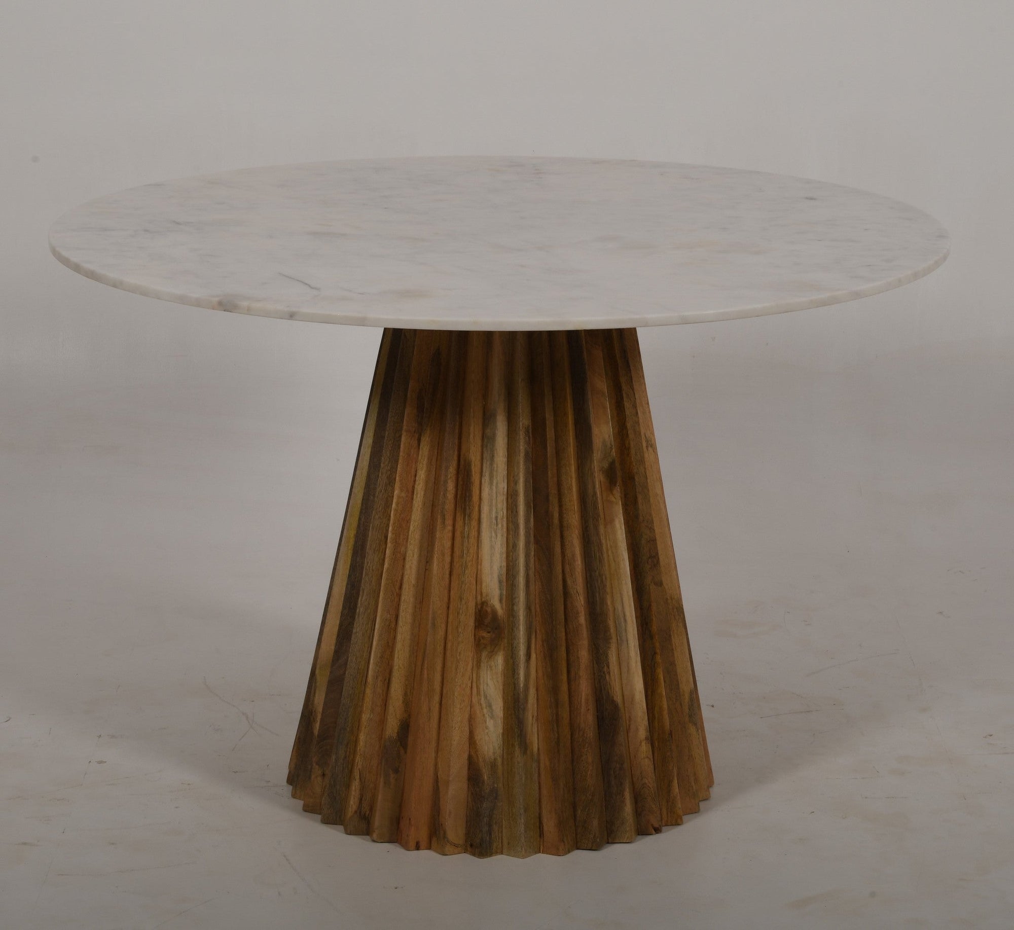 Tulsi Round Flute Design Solid Mango Dining Table with Real Marble Top - Natural Casa Maria Designs 