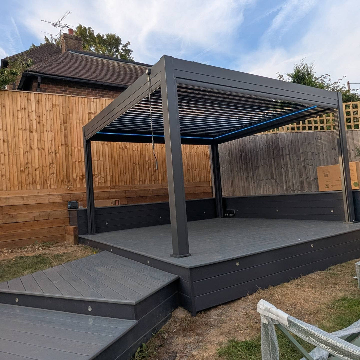 LuxShade™ 4×4m Aluminium Pergola with LEDs, Double-Layered Louvred Roof & 3 Blinds