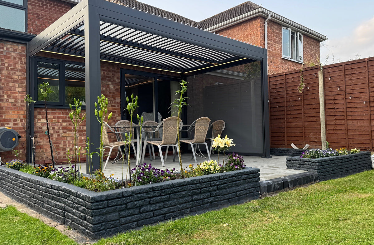 SplitZone™ 3×4m Grey Aluminium Pergola with LEDs, Mid-Beam Louvred Roof