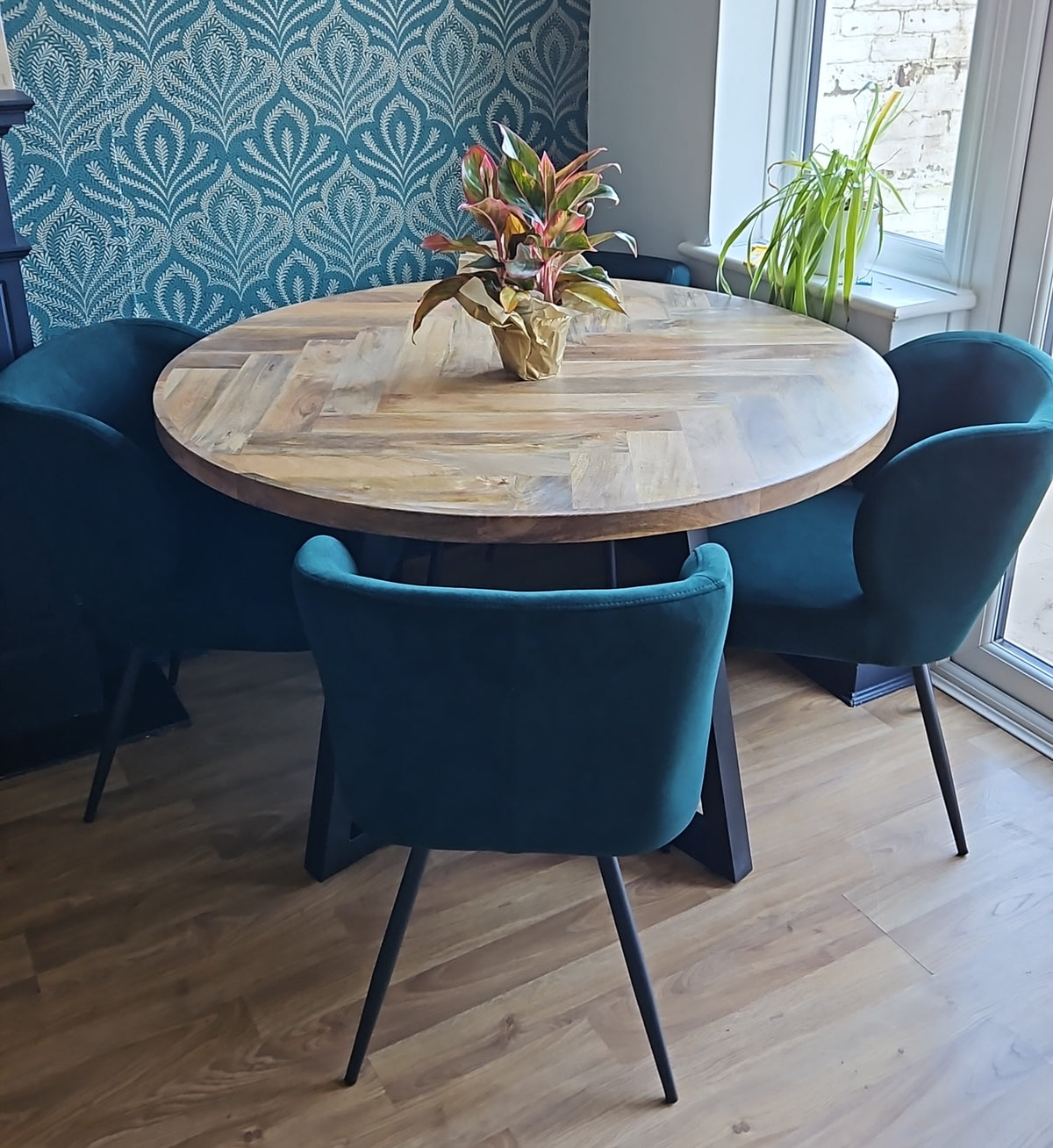 Round Solid Mango Wood Dining Table | Herringbone Design - 120cms