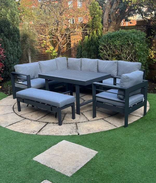 Aluminium Left Hand Corner Sofa / Outdoor Garden Dining Set in Dark Gr
