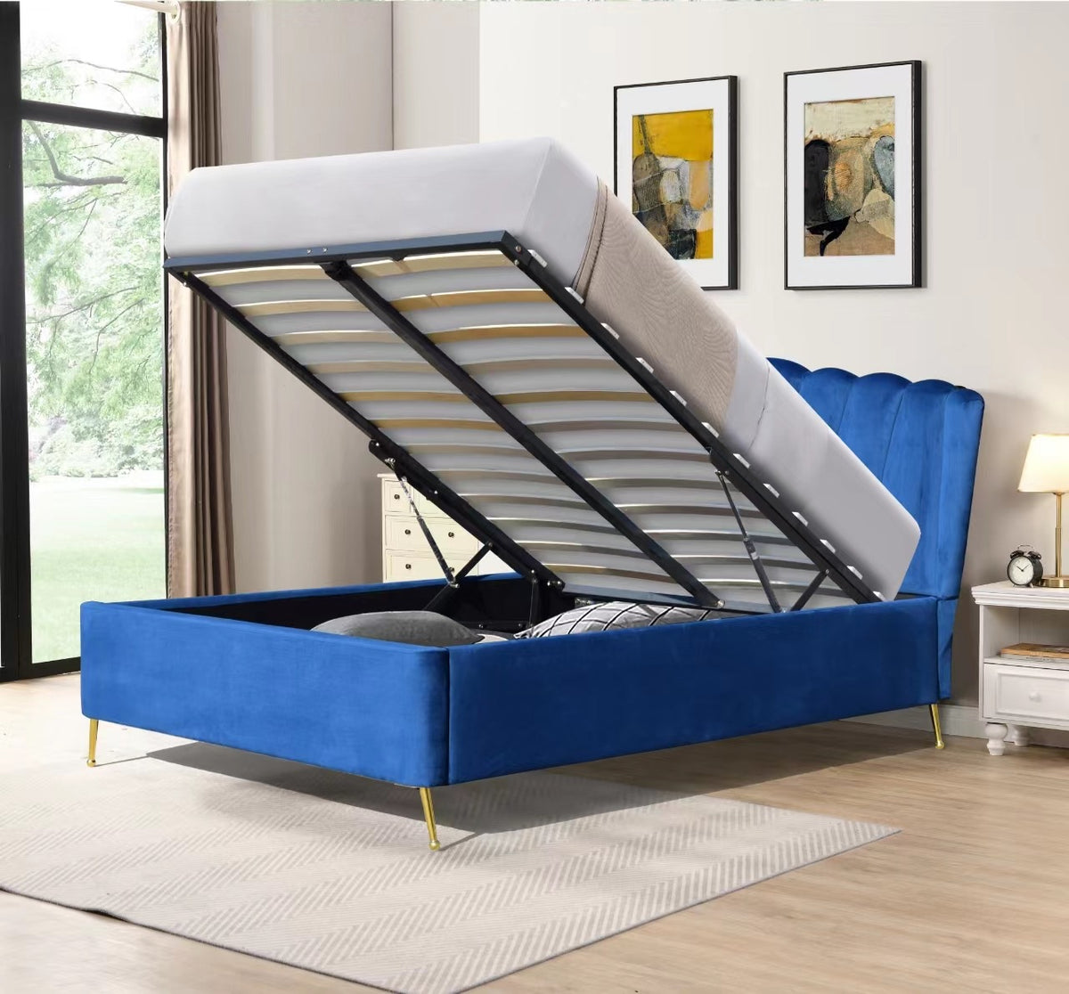 Luna Ottoman Storage Bed - Blue Plush Velvet - Size: 4ft 6&quot; Double
