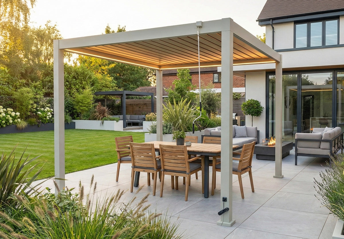 LuxShade™ 3×3m Pebble Aluminium Pergola with LEDs, Double-Layered Roof & 3 Blinds