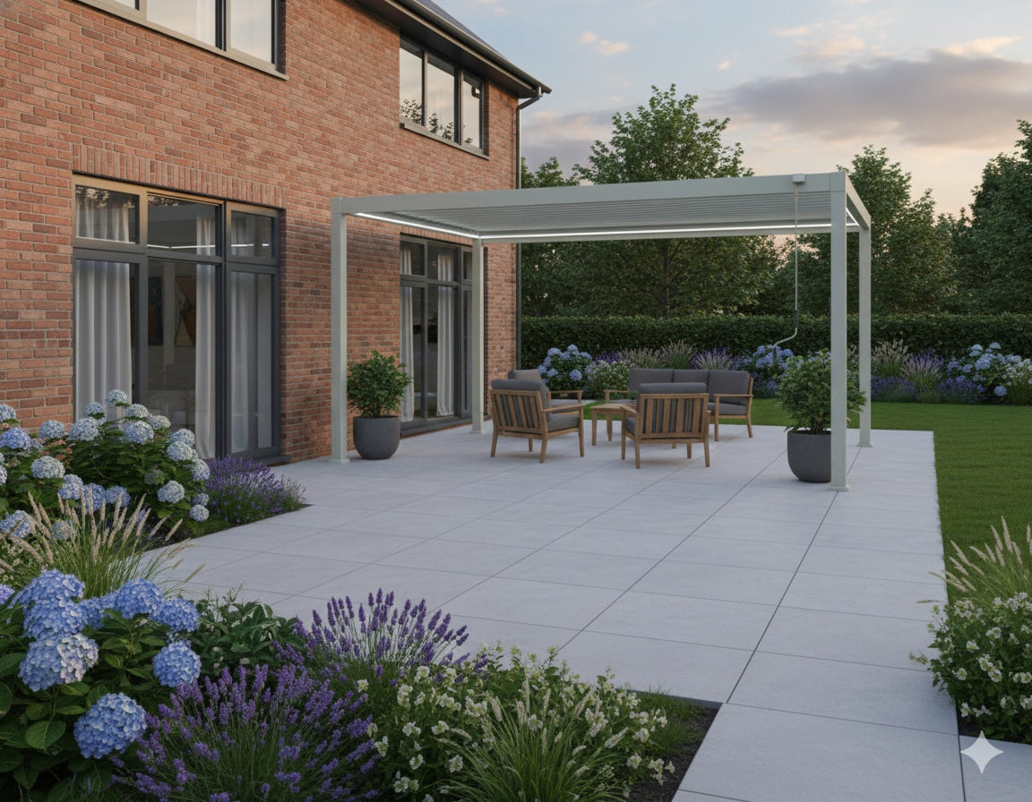 LuxShade™ 3×4m Pebble Aluminium Pergola with LEDs, Double-Layered Roof