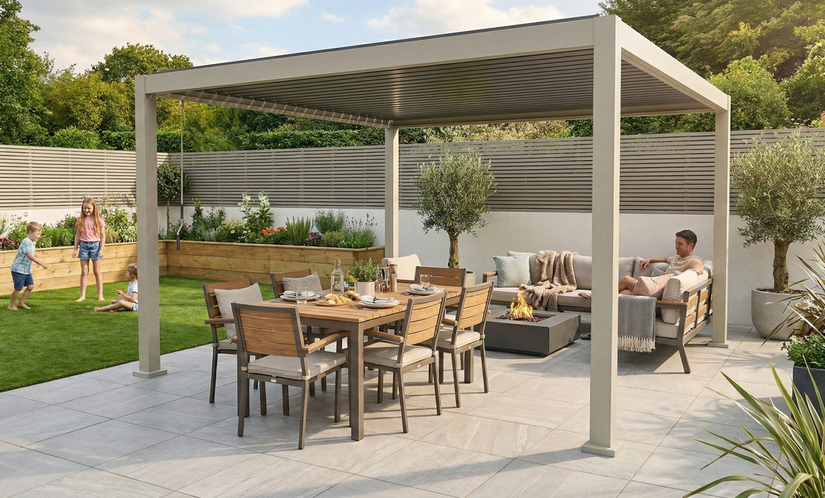 LuxShade™ 3×4m Pebble Aluminium Pergola with LEDs, Double-Layered Roof & 3 Blinds