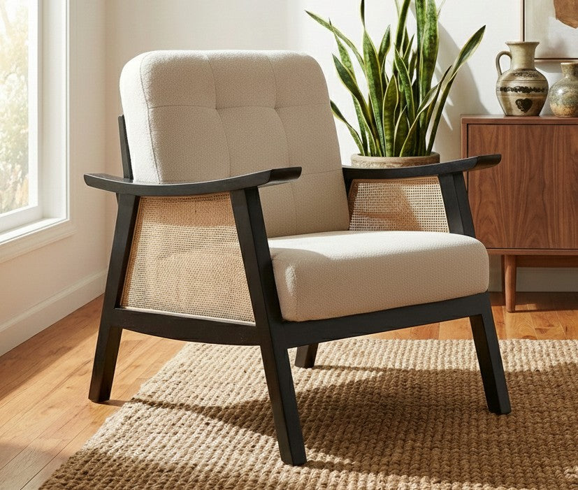 Mid Century Rattan Accent Chair - Solid Acacia Wood & Off White Boucle Fabric