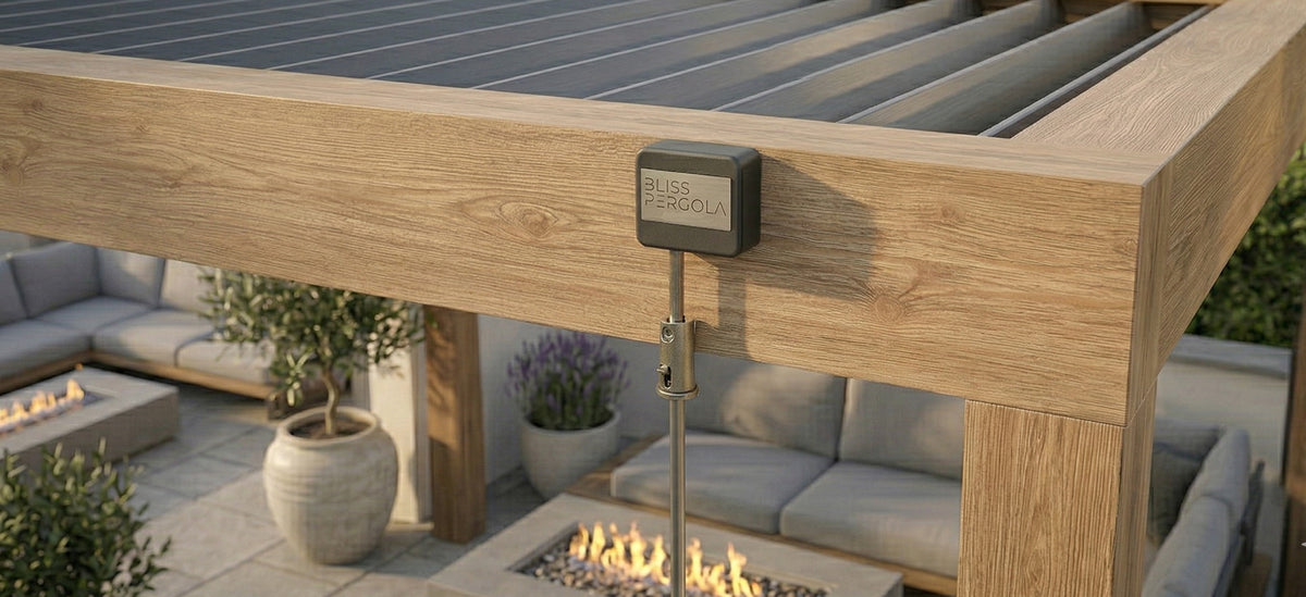 LuxShade™ 3×6m Aluminium Pergola LEDs, Double-Layered Louvred Roof & Blinds Oak Effect