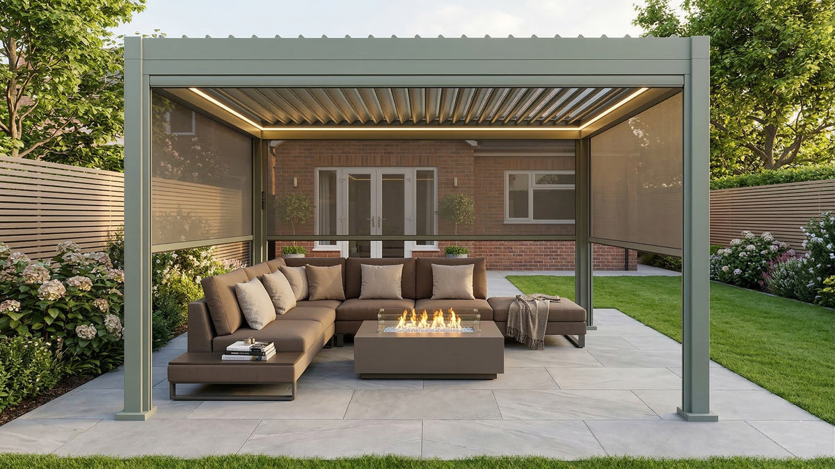 LuxShade™ 3×4m Pebble Aluminium Pergola with LEDs, Double-Layered Roof & 3 Blinds