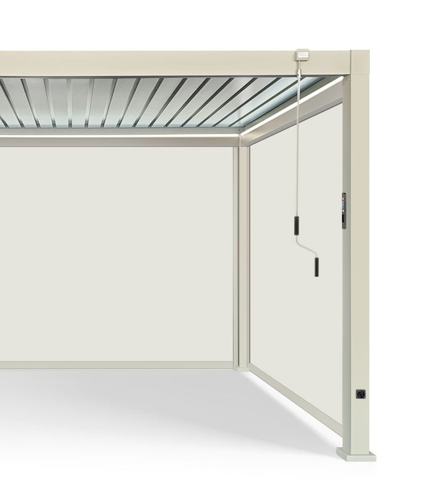 LuxShade™ 3×3m Pebble Aluminium Pergola with LEDs, Double-Layered Roof & 3 Blinds