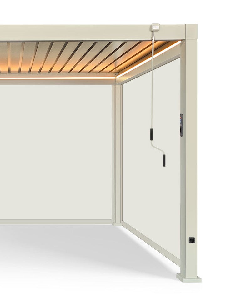 LuxShade™ 3×3m Pebble Aluminium Pergola with LEDs, Double-Layered Roof & 3 Blinds